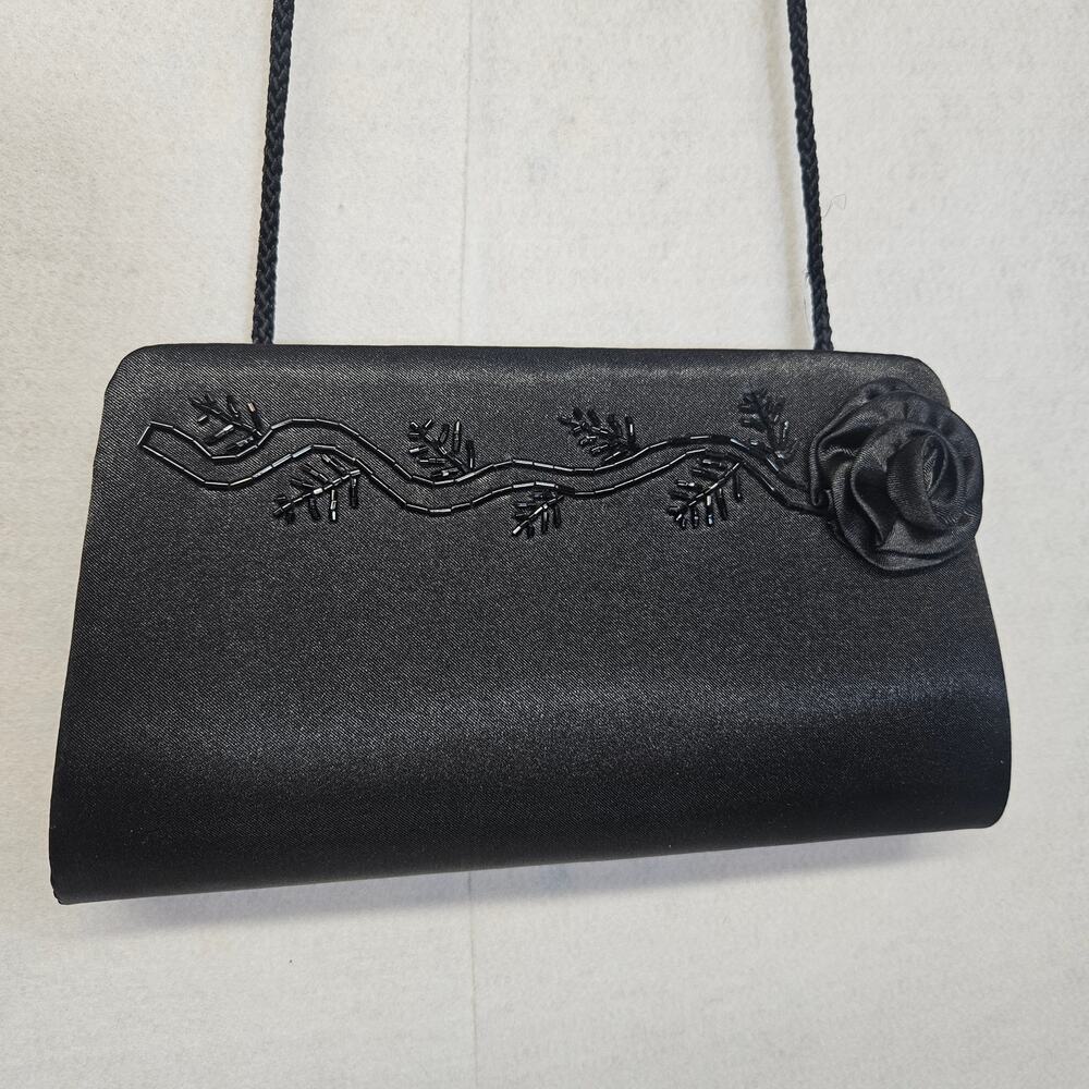 Jessica McClintock Black Satin Evening Bag Minimalist Clutch Formal Wedding